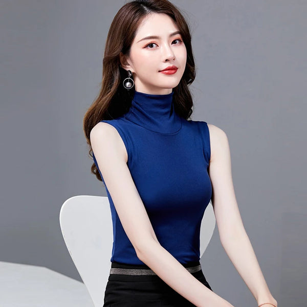 Sleeveless Lace Turtleneck Tank Tops For Women Summer Casual Korean Tees